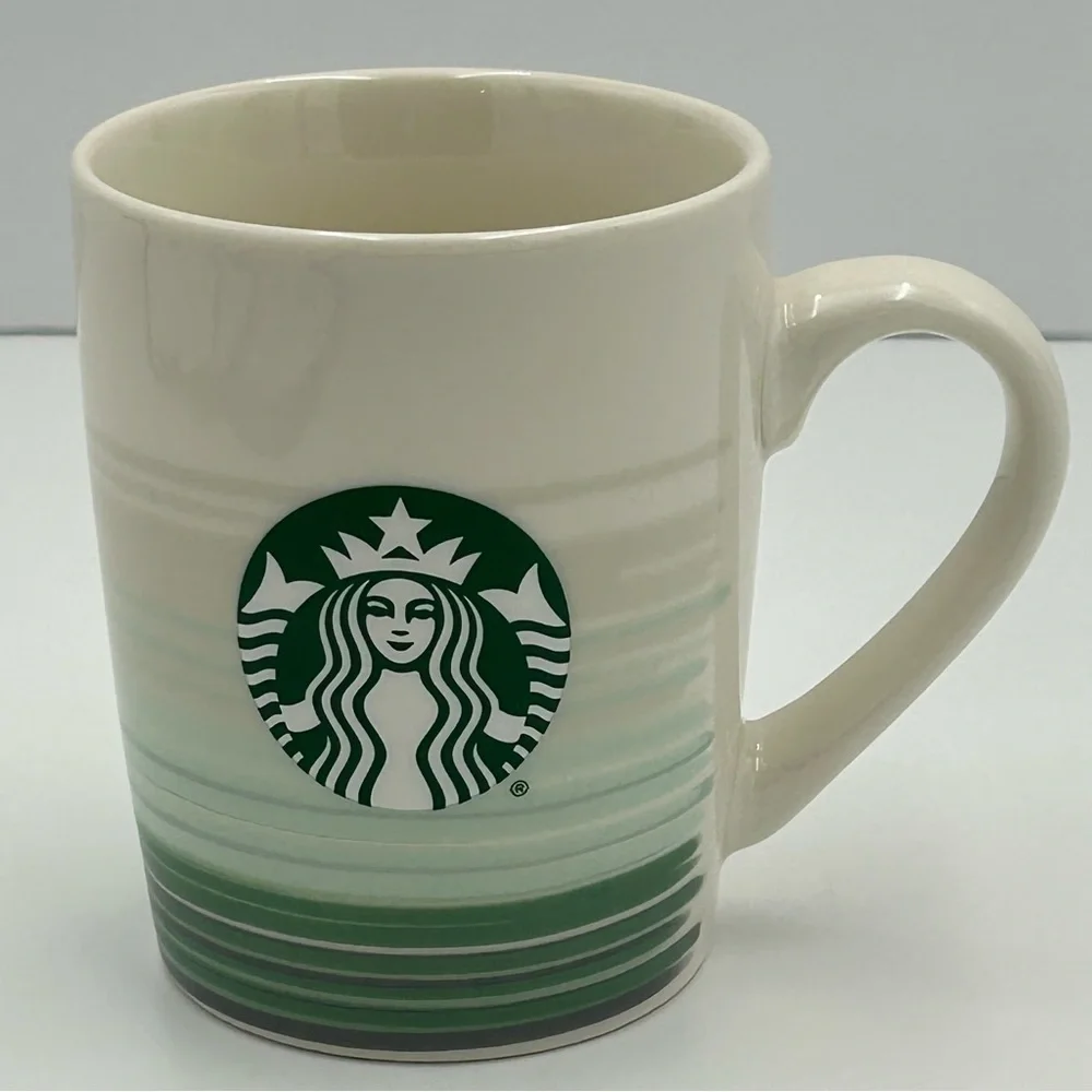 STARBUCKS 2021‎ Coffee Mug Cup Tea 10 Ounce Cream Green Gray Striped